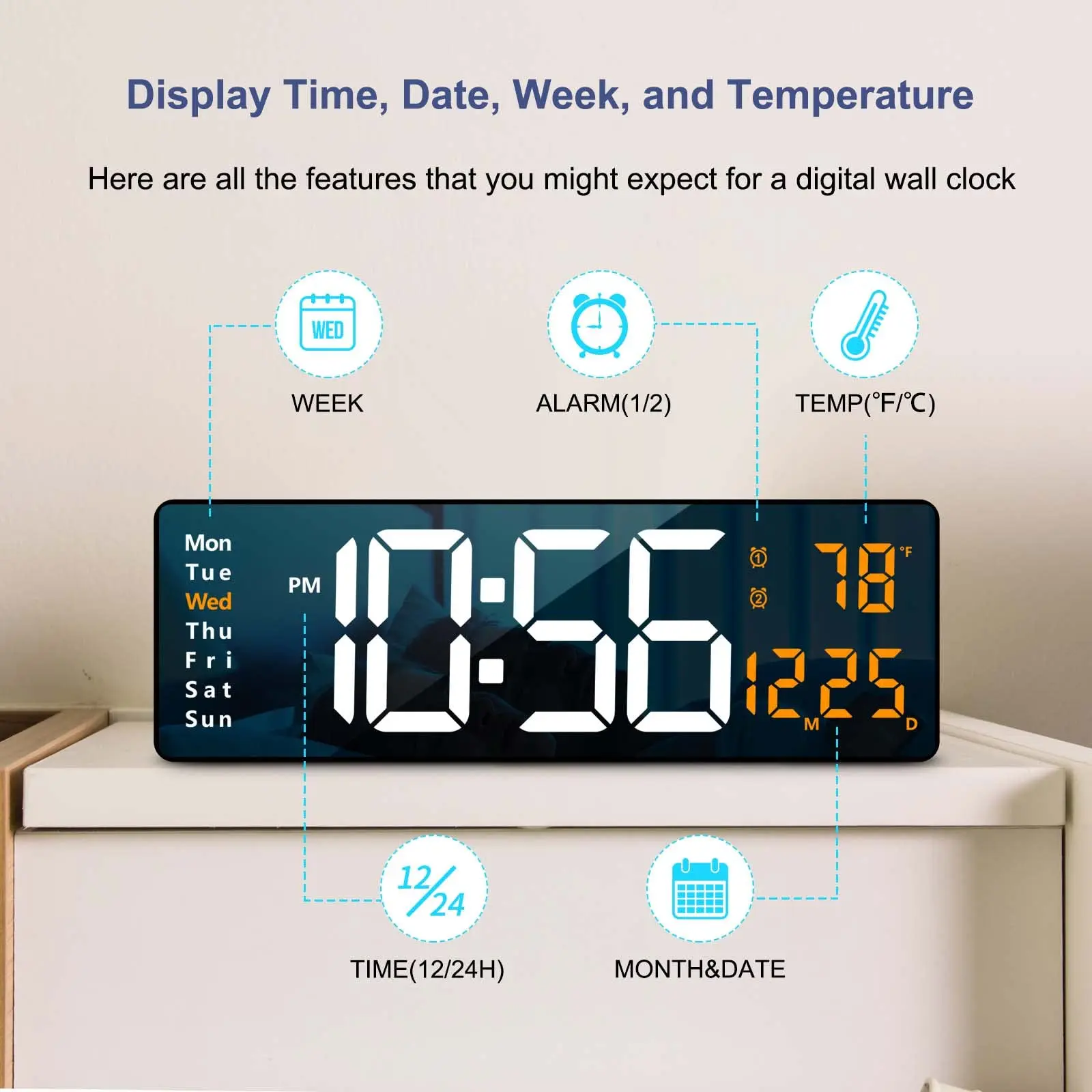 Multifunctional Hotel Living Room Large Display Electronic LED Digital Wall Clock With Remote Control