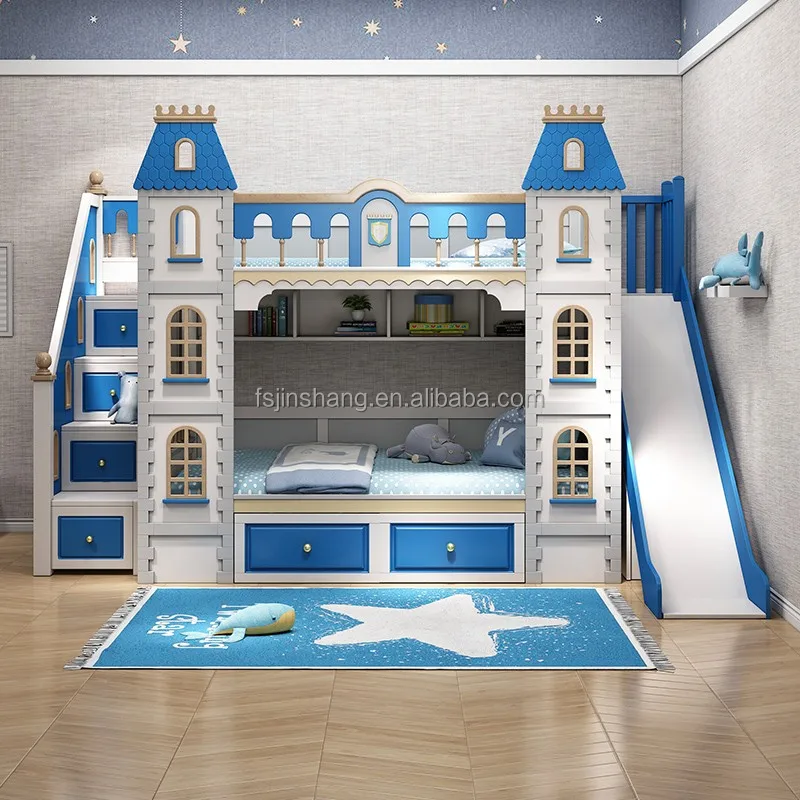 JS FURNITURE New Design Kids Double Bed for Children Bedroom Furniture  Kids Helicopter Bed With Modern Slide and Stairs