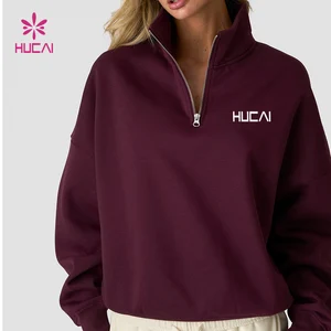 HUCAI Custom Logo Womens Lightweight Loose Crew Neck Half Quarter Zip Hoodie Workout Top Oversized Gym Sports Sweatshirt