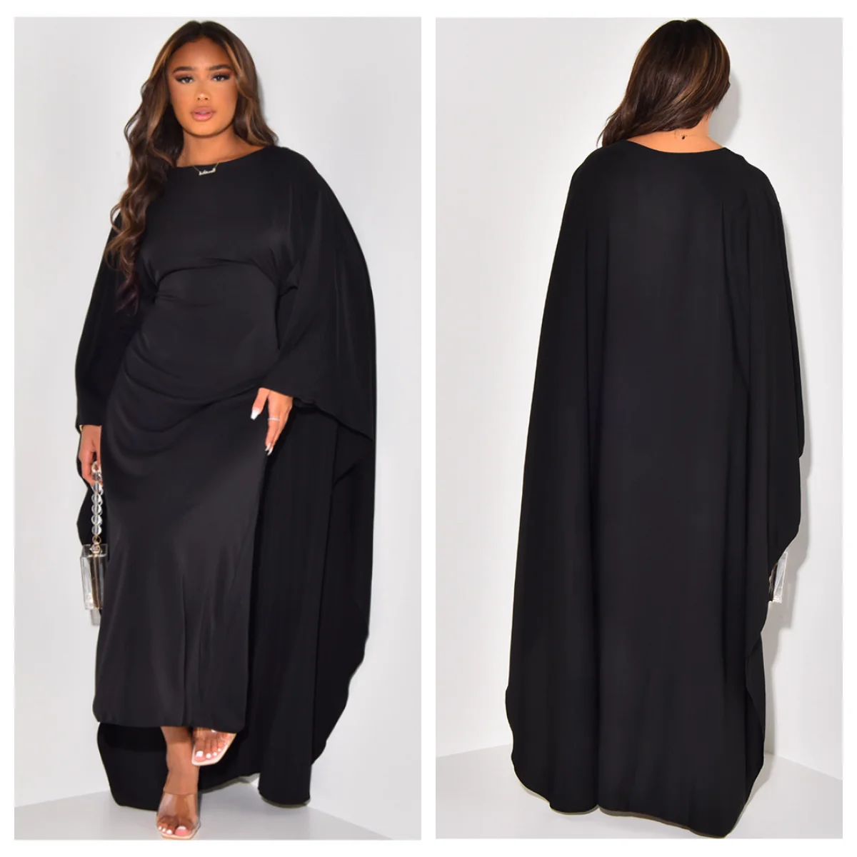 Mmuslim Party Dresses Women Long Wedding Abaya Solid Color Round Neck ...
