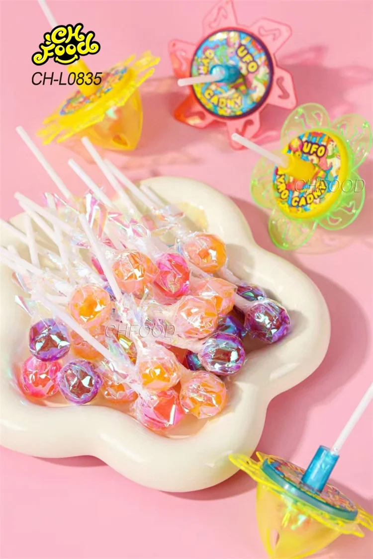 Wholesale Halal Plastic UFO Gyro Candy Toy Spinning Top Toy with Lollipop Candy Sweets for Kids