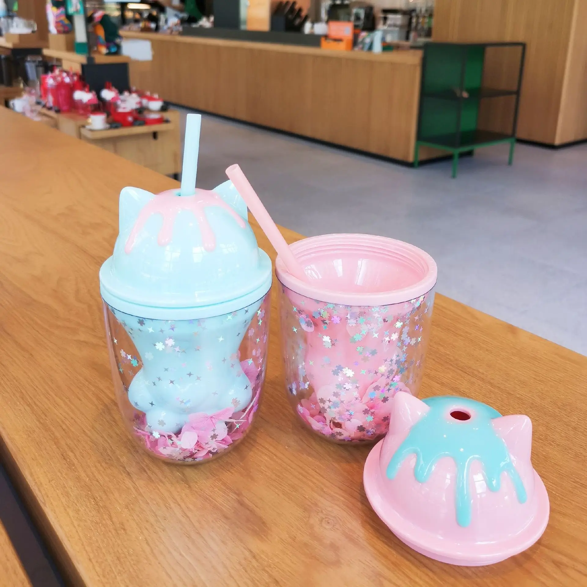 Seaygift креативный подарок для девочек симпатичная мультяшная блестящая пластиковая соломенная кружка с двойной стенкой в виде кошачьей лапы пластиковые чашки с соломинкой