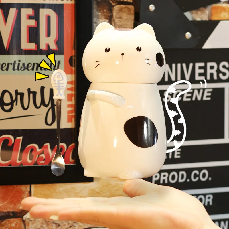 480ml Ceramic Cat-Shaped Mug with Spoon Lid American Style Porcelain Coffee Cup