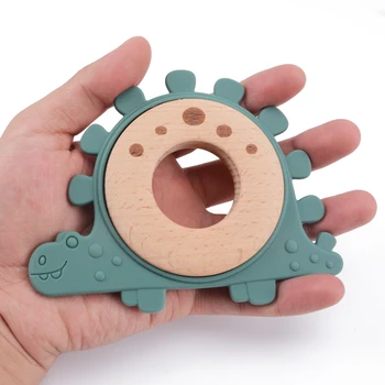 Popular Silicone&wooden Dinosaur Rattle Baby Teether Food Grade Silicone Teether Baby Teething Toys Wooden Teether
