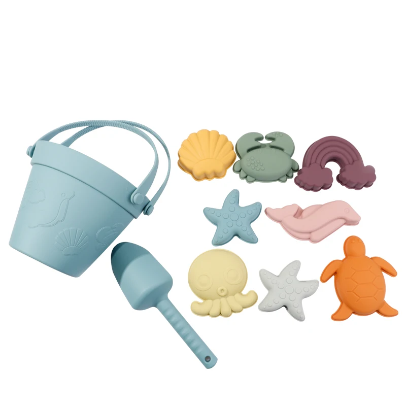 10 Pcs 1 Set Summer Sand Bucket Beach Baby Toys Eco Friendly Soft Silicone Game Play for Kids BPA Free Silicone Beach Toy Set