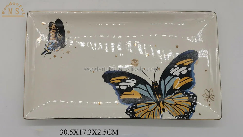 Butterfly decal paper ceramic dinner plate porcelain tray customized tableware for home decoration