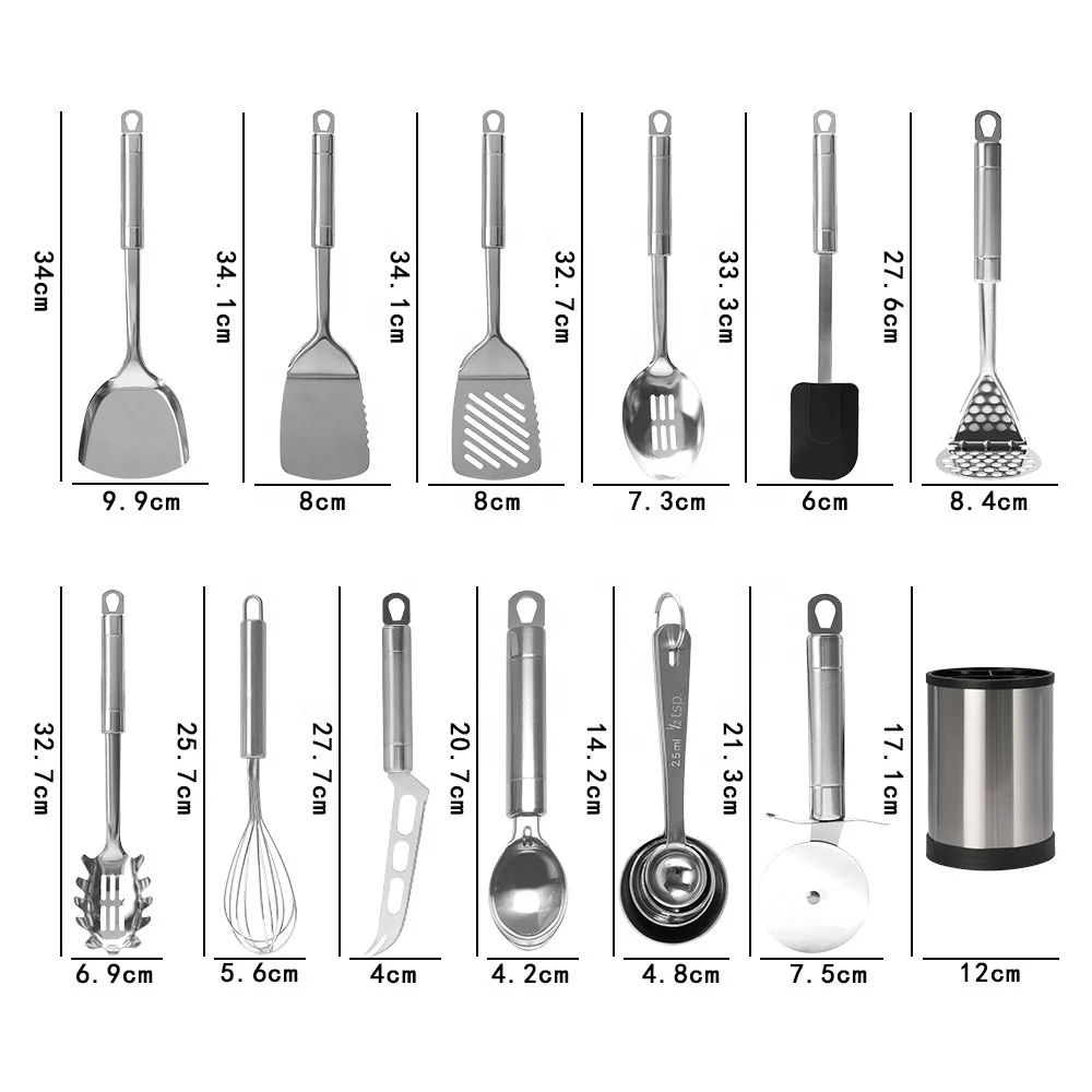 Hot Selling Stainless Steel Kitchen Gadgets Cooking Tools Stainless Steel Cooking Utensils Kitchen Utensils Set with Holder