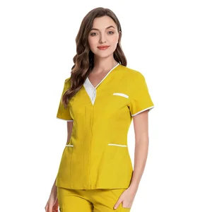 35% Cotton 65% Polyester  Female Short-sleeved Tops V-neck Nursing Uniforms for Hospital Caregivers SPA Uniform