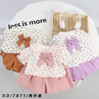 Summer new fashionable floral princess lace collar bubble sleeve short girls set