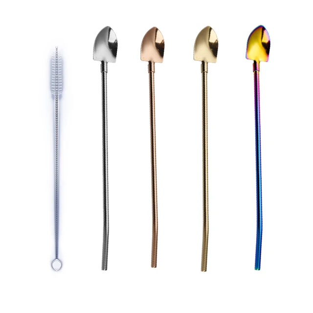 Colored Metal Shovel Shaped Drinking Straw Spoon Custom 2 in 1 Stainless Steel Bar Coffee Cake Dessert Drink Straw Spoon