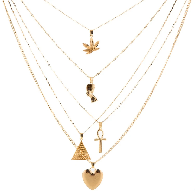 YG-139 Neck Jewelry for Women Metal Multi 5 Layers Gold Alloy Metallic Pyramid Leaf Pharaoh Heart Pendant Necklace