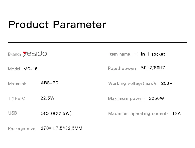 YESIDO 2 Meter MAx 3250W capacity 8 AC ports Power Socket with PD and QC fast charging USB ports