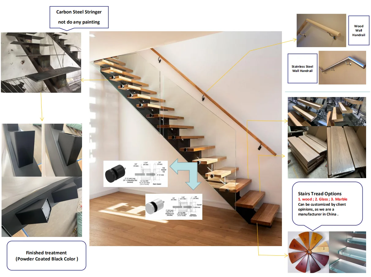 modern indoor standoff glass railing straight stairs with beech wood manufacture