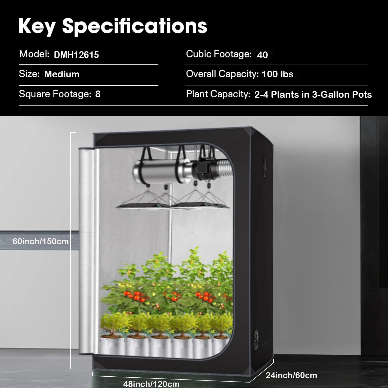 48 X 24 X 60 Inches Complete Kit Black for Grow Tent 600D Oxford Fabric  with Metal Frame Easily Assembled for Indoor Plants