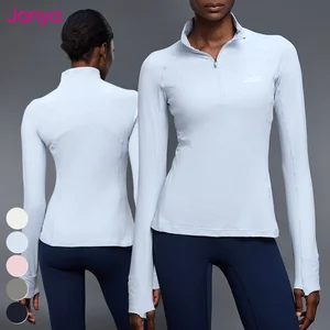 Janya Slim Fit Gym Sports Shirt Stand Collar Half Zipper Thumb Holes Long Sleeve Fitness Yoga Tops with Hidden Pocket for Women