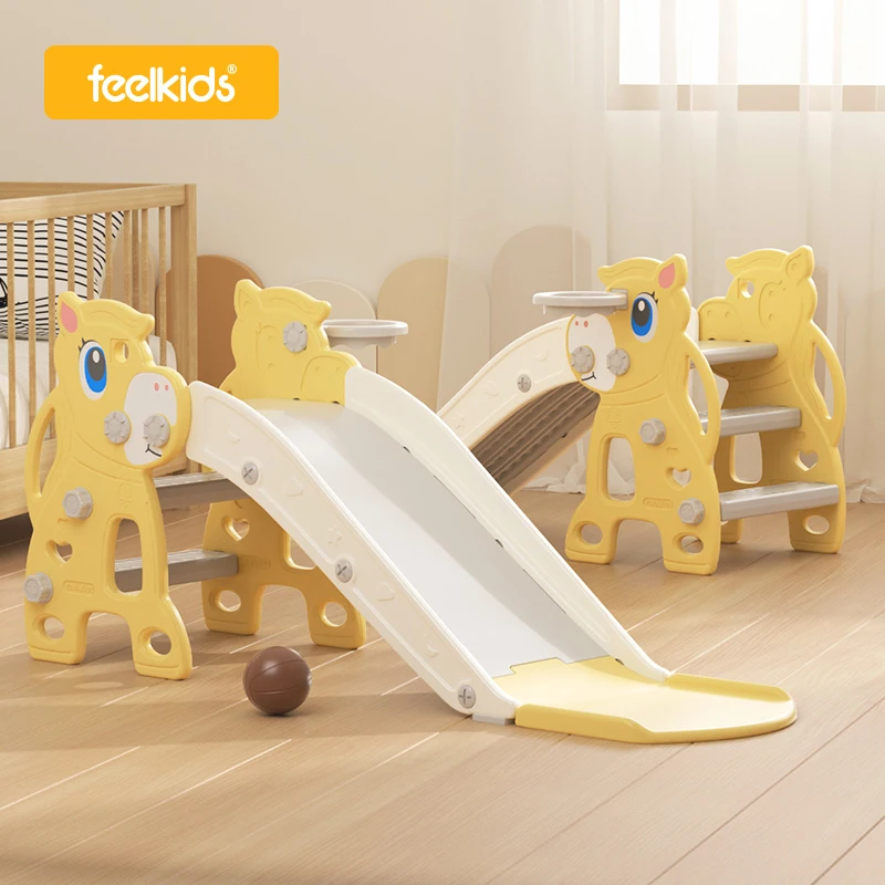 Eco-friendly HDPE Plastic Children Slide Indoor Pony Horse Shape Toddler Slide with Basketball Rim CE CPC Certified Kids Slide