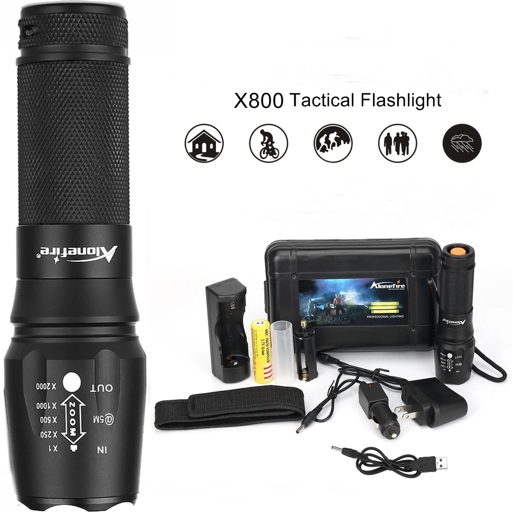 AloneFire X800 XM-L2 Led Zoom High Power Flashlight Spotlight Torch Lantern Work Camping Candle Light 18650 Rechargeable Battery