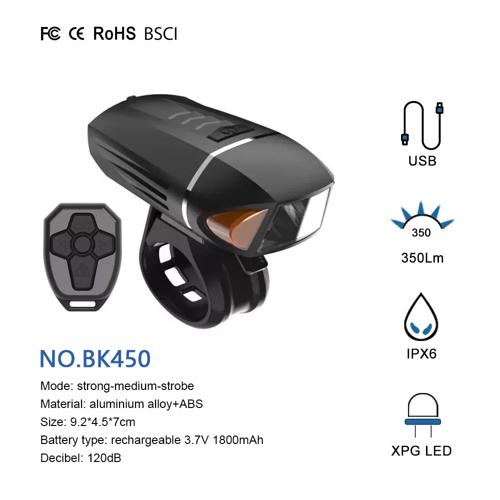 RTS Bicycle Front Light USB Rechargeable Led 120dB Horn Siren Wireless Remote Control Bike Light Alarm