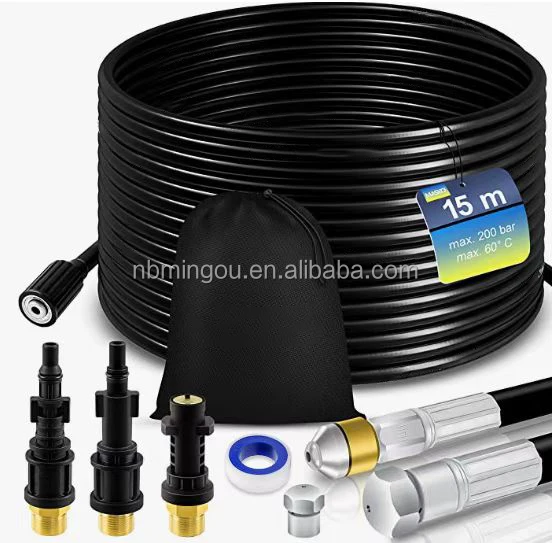 Premium Pipe Cleaning Hose Set Drain Cleaner 15m,200 Bar Incl. 3 Adapters 2 Nozzles + Rotating