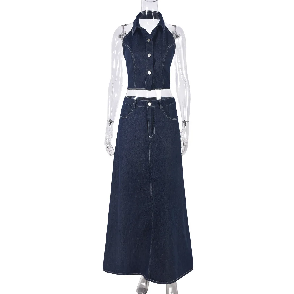 Women’s Summer Denim Two-Piece Set with Halter Crop Top and Maxi Skirt