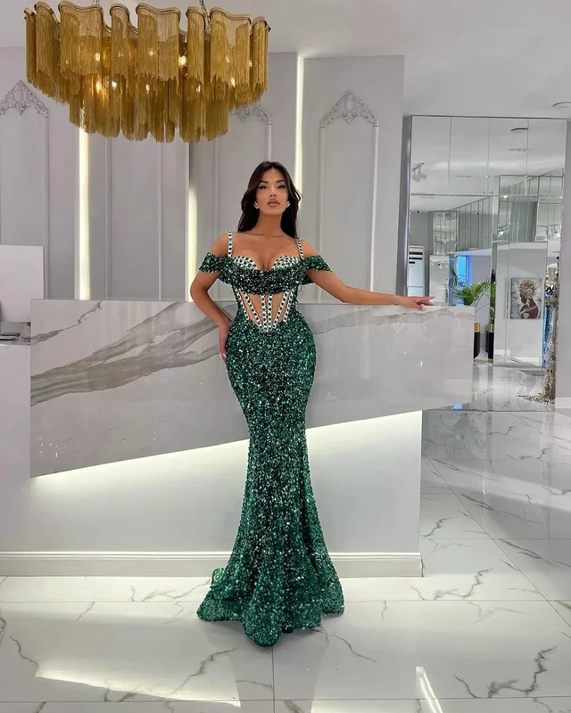 open lace back dress Dark Green One Sleeve Sparkly Sequin Mermaid Prom Dress