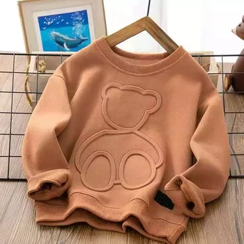 Custom engraved logo baby boys and girls hoodies cute 3d bear pattern toddler plain embossed crewneck sweatshirt kids