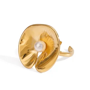 MW Women's Fashionable 18K Gold-Plated Stainless Steel Ring - Unique Exaggerated Leaf & Pearl Design, Open & Waterproof Jewelry