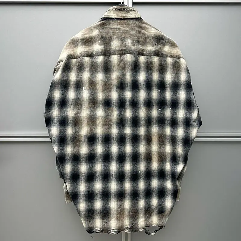 Salati Custom Unisex Vintage Tshirts Oversized Baggy Sun Faded Acid Wash Long Sleeve Plaid Boxy Button Down up Flannel Shirt Men gallery 4