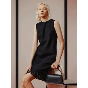 2026 Summer Elegant Women's Sleeveless Black Dress High Waist Slim Casual Tassel Dress Wholesale Woven Washable Button