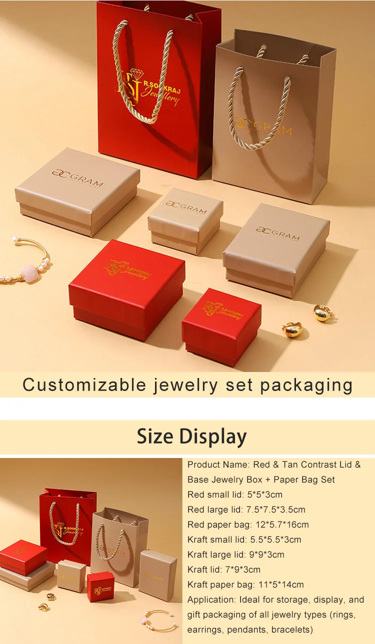 Wholesale  Red Lid Kraft Lid Jewelry Box Set Kraft Paper Bag Custom Logo Packaging for Ring Earring Necklace supplier