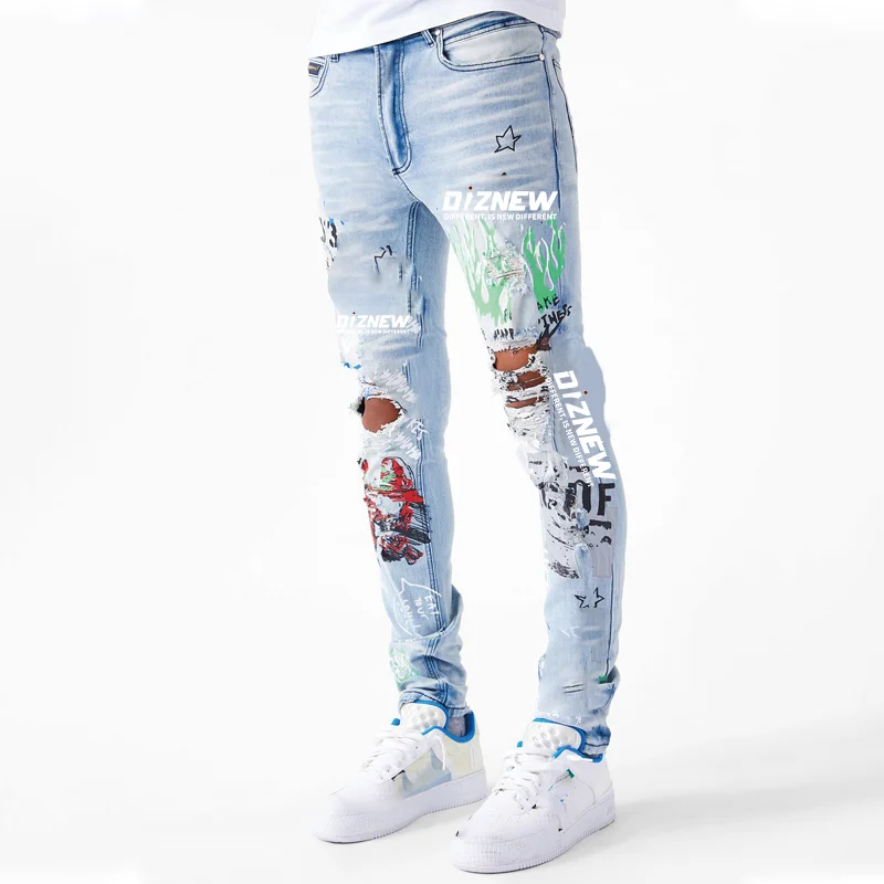 DiZNEW Custom Silk Screen Printing Design Fashion Pants Youth Party Blue Brushed Denim Jeans manufacture