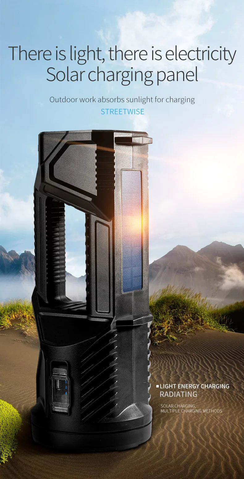 XHP50 Super Bright Hand Held Searchlight Hunting Light Rechargeable LED Torch Emergency Power Bank Flash Light Solar Flashlight