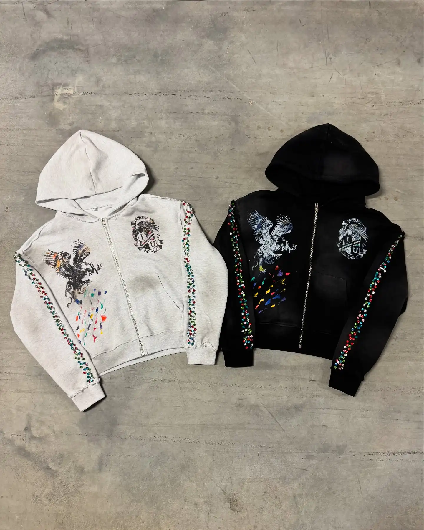 500g DTG Printing Oversized Men's Hoodie with Custom Rivet Zipper and Acid Wash Rhinestones 100% Cotton Breathable Quick Dry