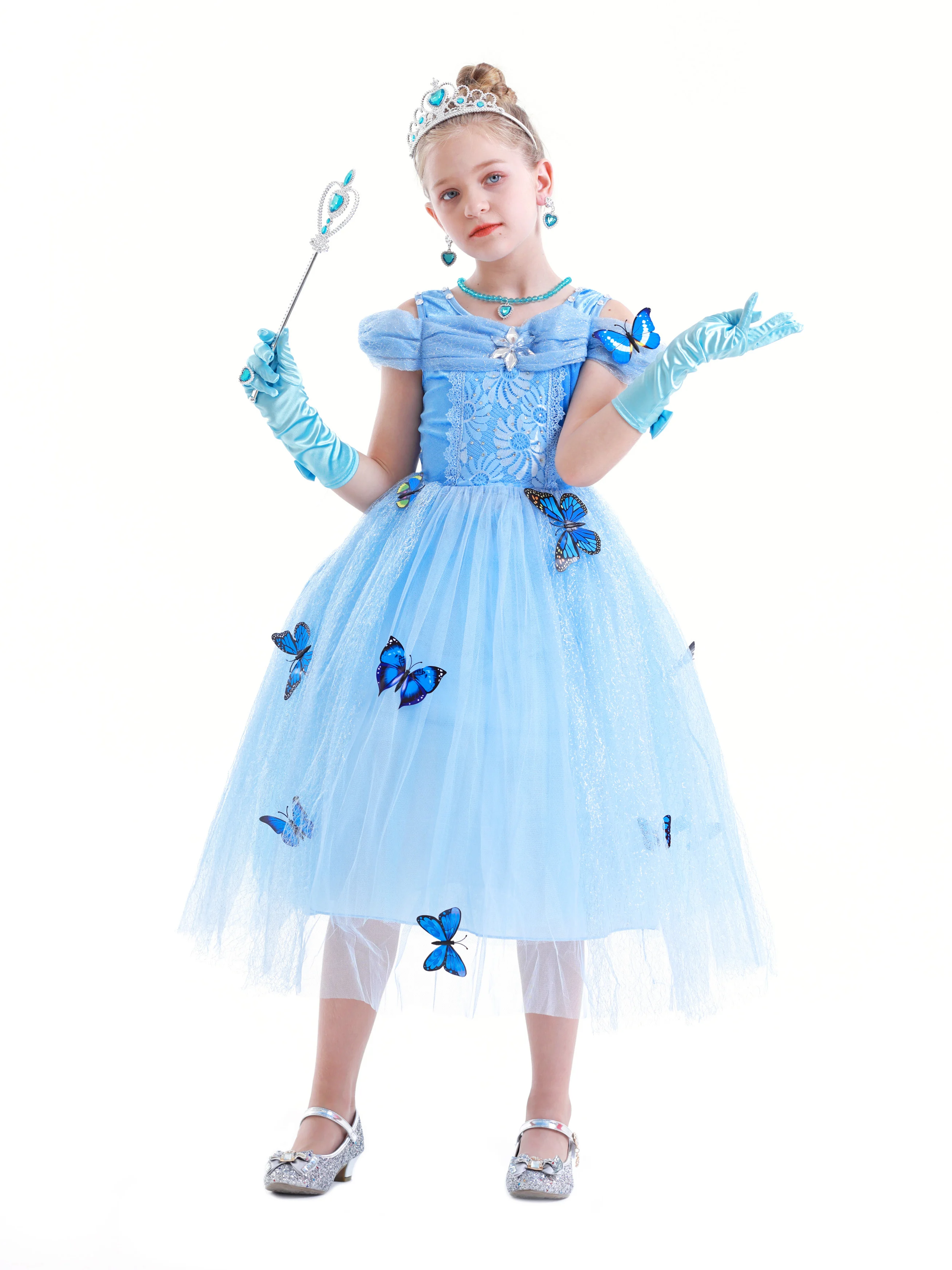 KuKiee Girls Princess Costume Halloween Cosplay Party Dress Up 2T-3T/100, Blue with Accessories 