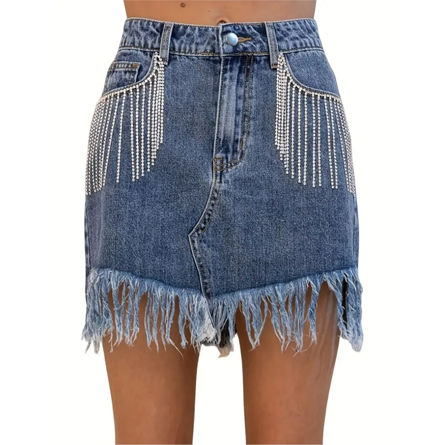 Summer Women's Mini A-line Bodycon Jean Denim Skirt With Rhinestones Tassel Frayed Hem Sexy Lady Skinny Short Skirts