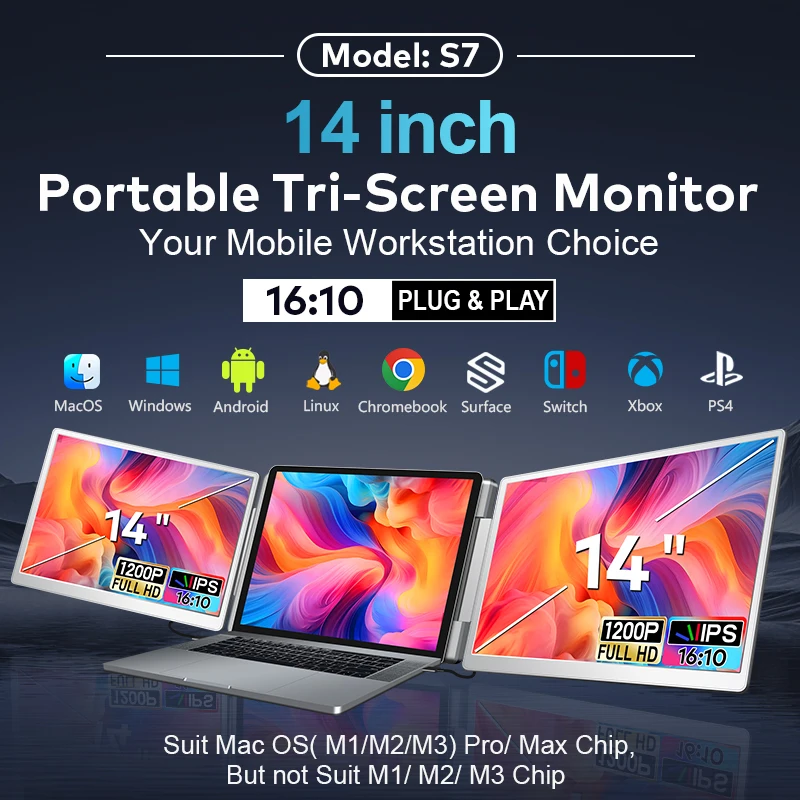 2025 Factory Direct 14 Inch Portable IPS Panel LED Backlit Monitor Triple Screen Laptop Extender 25ms Response Time Mini Monitor