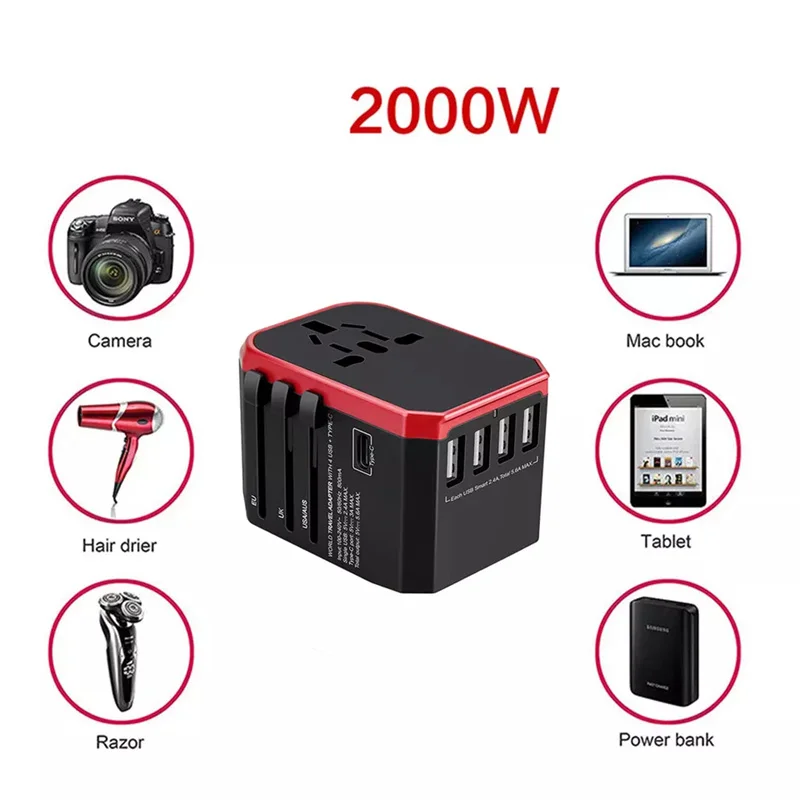 Smart Travel Adapter International Plug Adaptor Wall USB Type C Charger AC Power for USA EU UK AU US