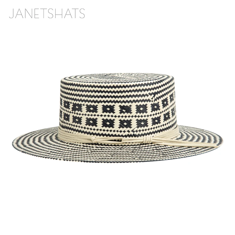 Custom Geometric Colombian Pattern Boater Wide Brim Hat Handmade Chapeau Femme Breathable Paja Jazz Hat for Travel and Fishing
