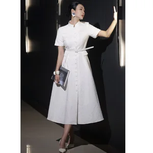 Factory Wholesale High-grade Elegant Vintage Dress Women Jacquard Slimming Single-Breasted Mid-length with Belt Party Female