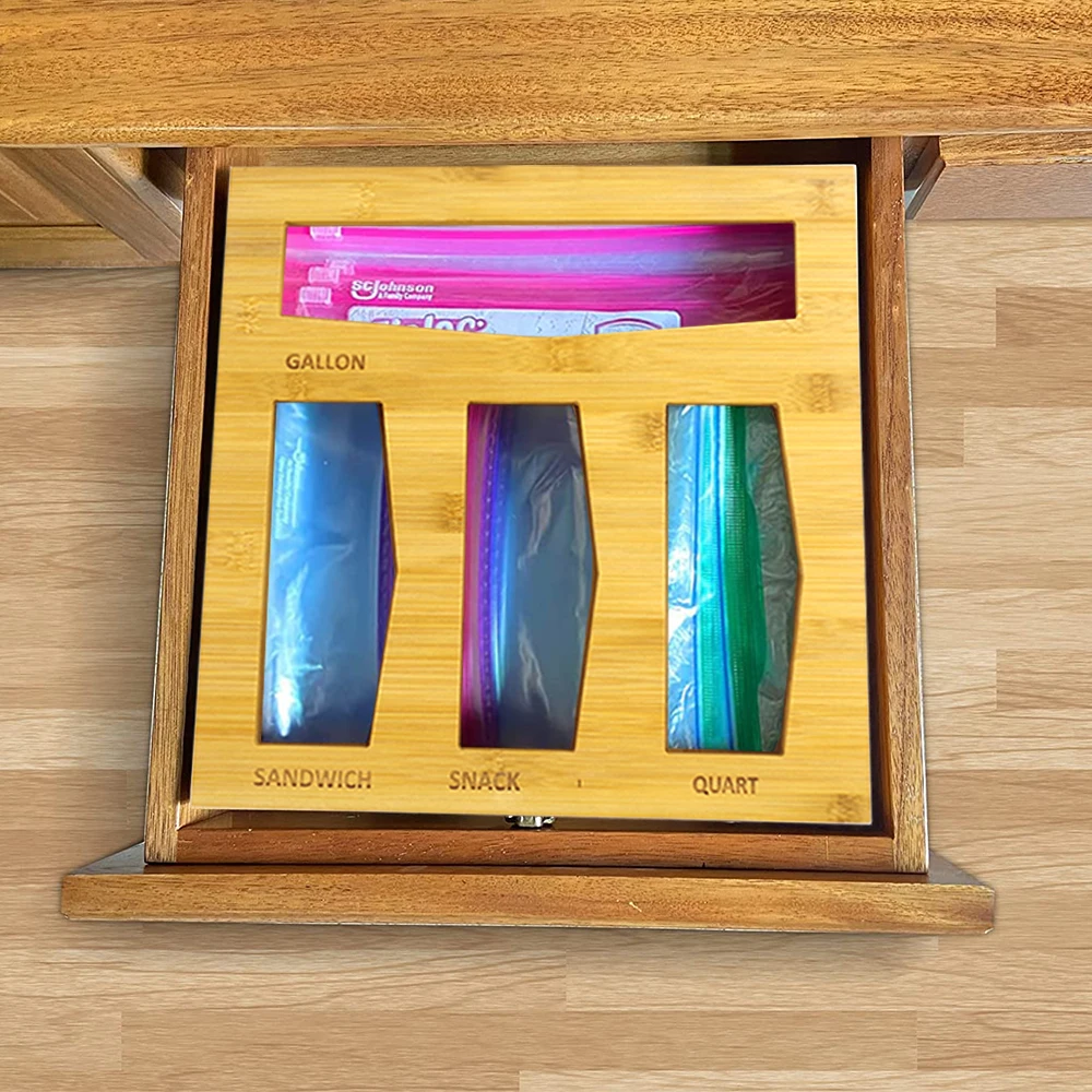 Бамбуковый Органайзер с застежкой-молнией для хранения сумок с крышкой, шкафом, выдвижными ящиками, совместим с галлонами, квартами, сэндвичами и закусками