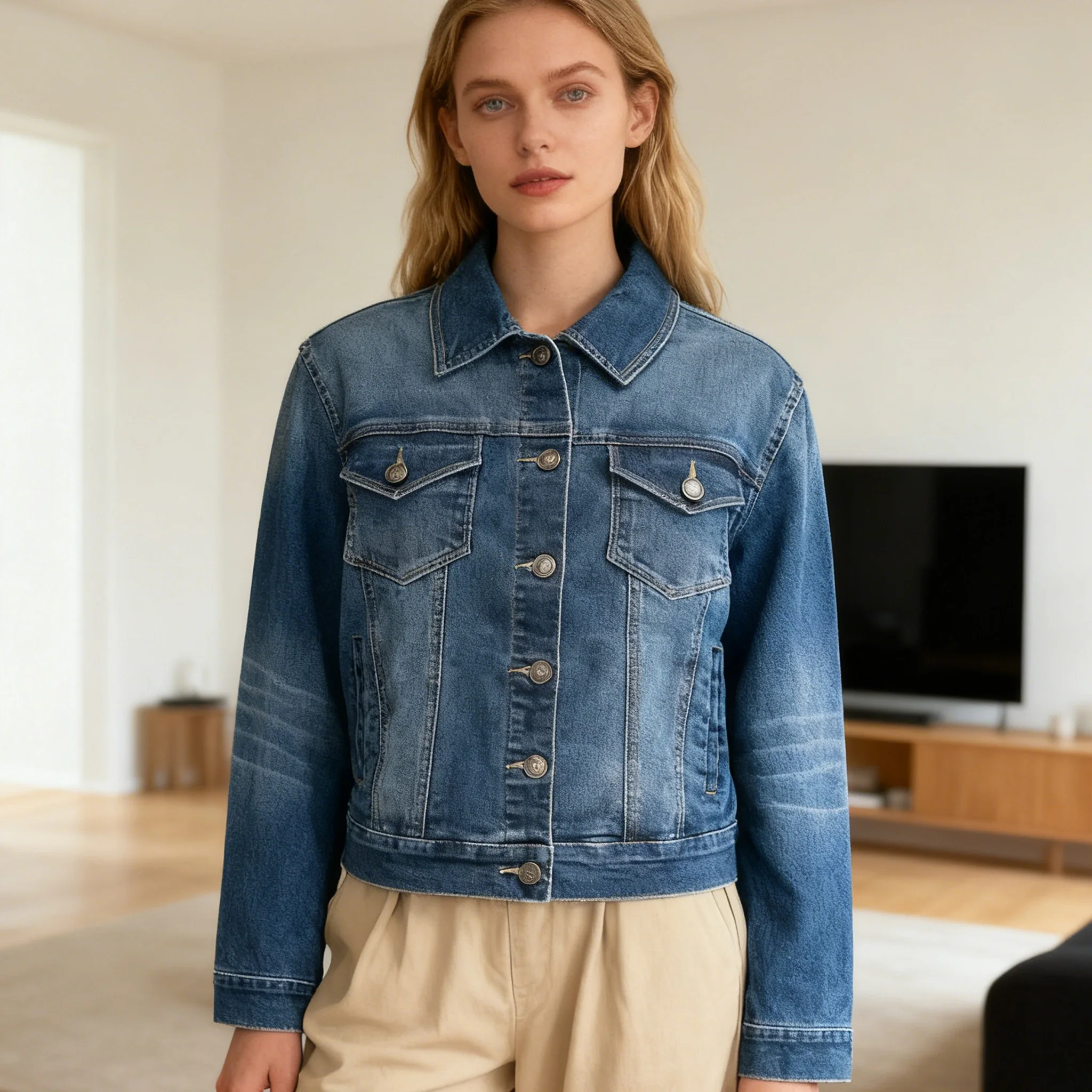 Wholesale Oversized Trend Fashion Style High Quality Blue Denim Jacket Turn Down Clothing for Women Jeans Jacket