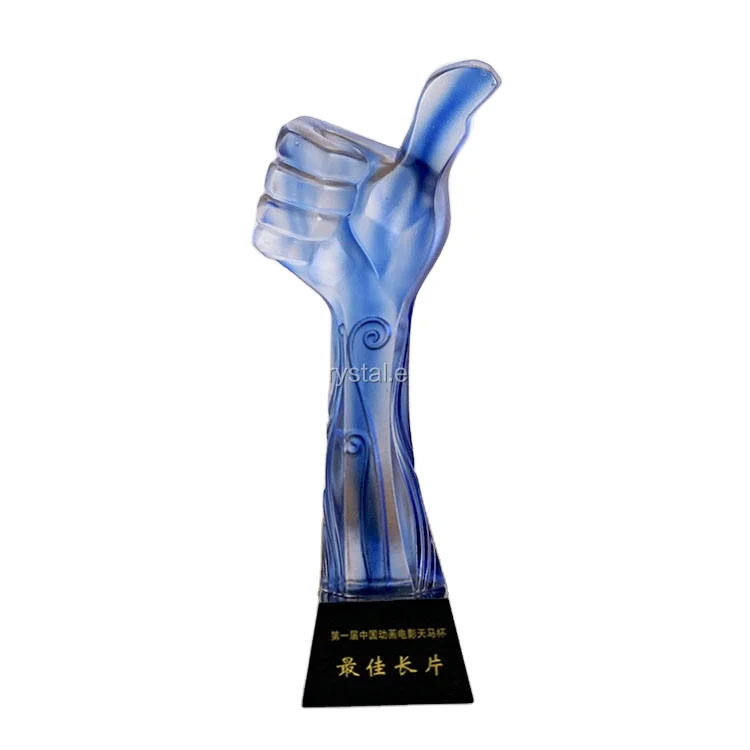 Hot Selling New Design Small Size Carved Medal Azure Stone Thumb up Crystal Trophy Award for Sports Gift with UV Printing