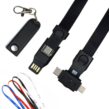 Promotion Gift Fabric USB Multi Charging Cord Micro USB Type C Lightning 4 in 1 Lanyard USB Charger Cable With Sublimation Print