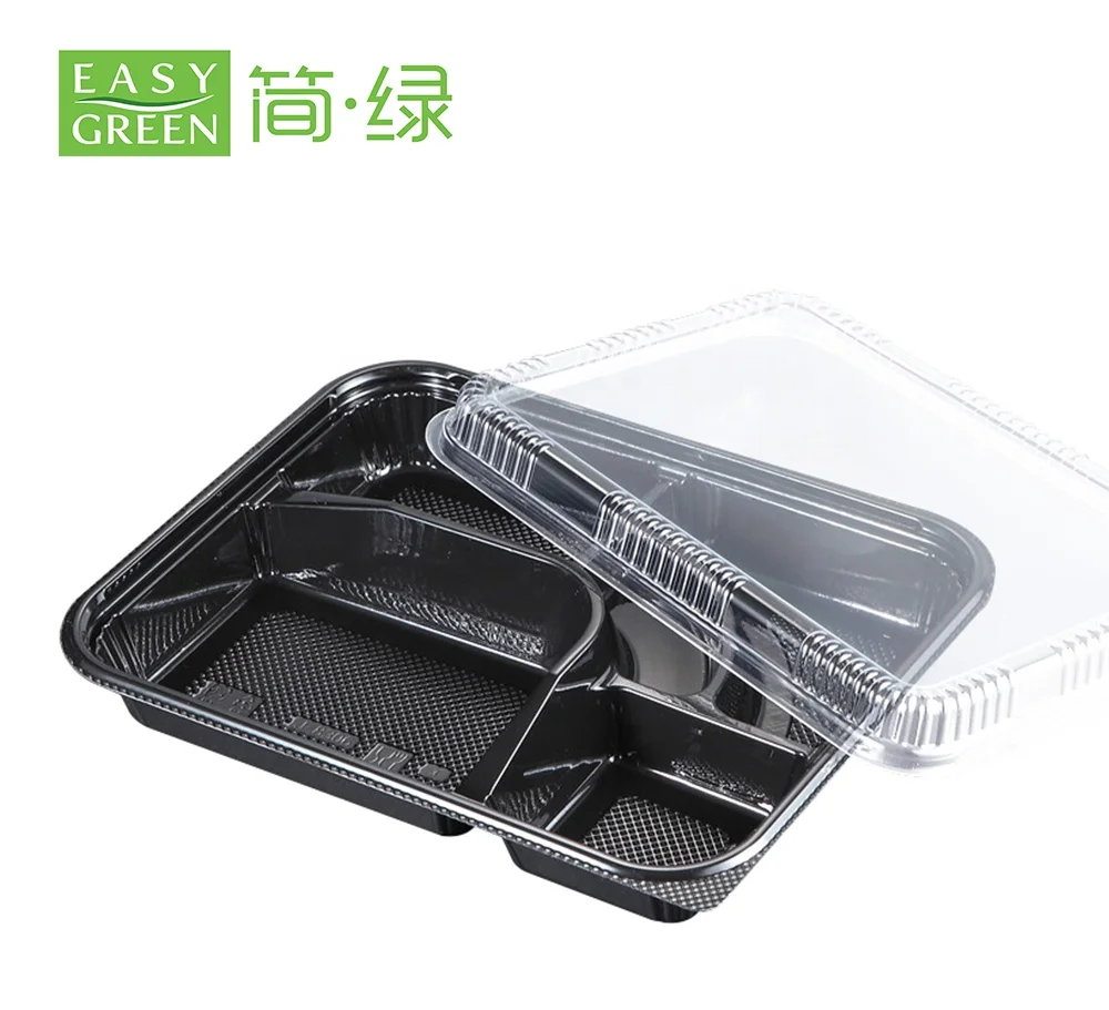Plastic Disposable Lunch Box with 5 Compartment Black Color Takeaway Bento Box with clear Lid