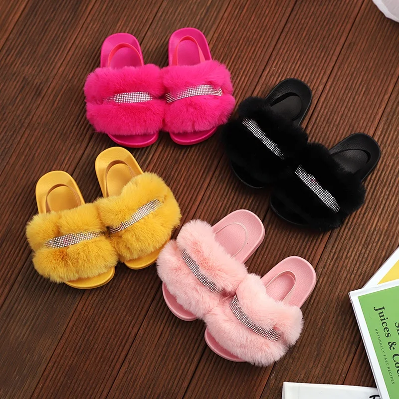 Детские меховые сандалии искусственный мех Нескользящие домашняя и Уличная обувь Тапочки для малышей большие