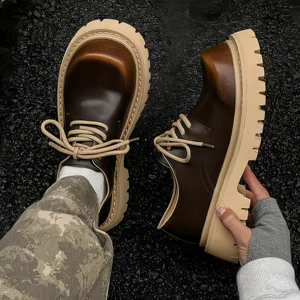 British Retro Thick Sole Fashion Trend commuter Increase Round Head Men's Big Toe Latest Design Fashion Lace up Tank Dress Shoes