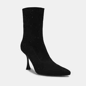 Black Stiletto Ankle Boots Rhinestone Embellishment Chic Stylish Zip Bootie Comfortable Pointed Design Classic Fashionable Work
