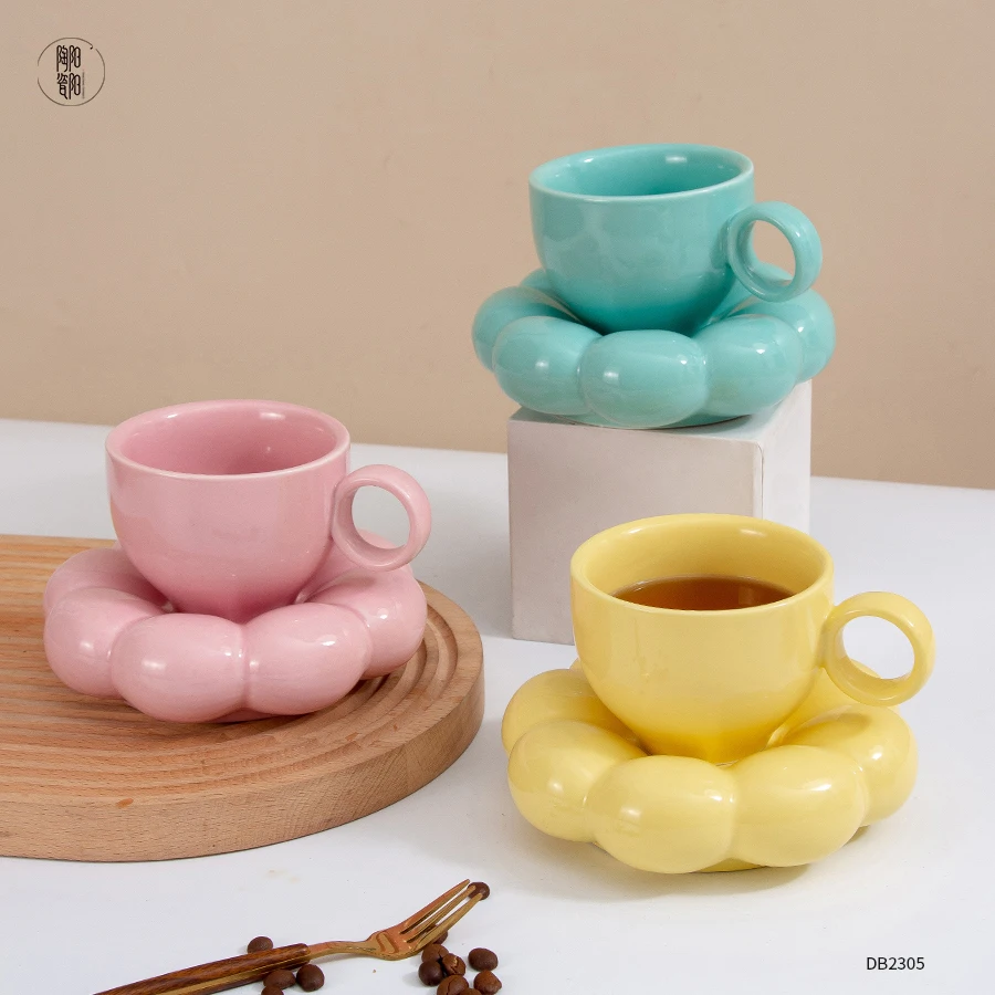 Nordic Ins Custom Macaron Breakfast Porcelain Coffee Mug Sunflower Coffee Ceramic Cup and Saucer
