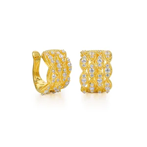 2026 Elegant Retro Style 9K Gold Woven Lace Earring with Diamond Inlay Carving Hollow Pattern