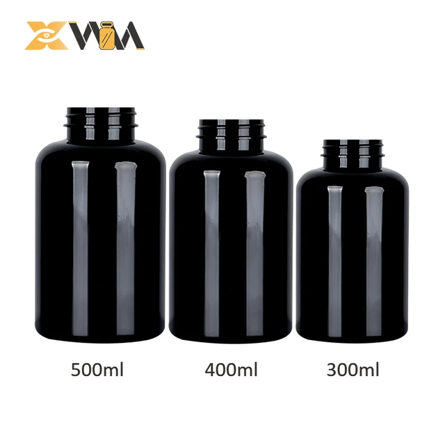 100ml-750ml Black PET Plastic Bottle Supplement Medical Capsule pill bottle Vitamin pharmacy super food bottle custom cap